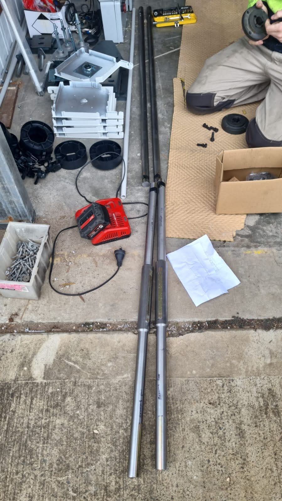 Drive shafts and components laid out during assembly